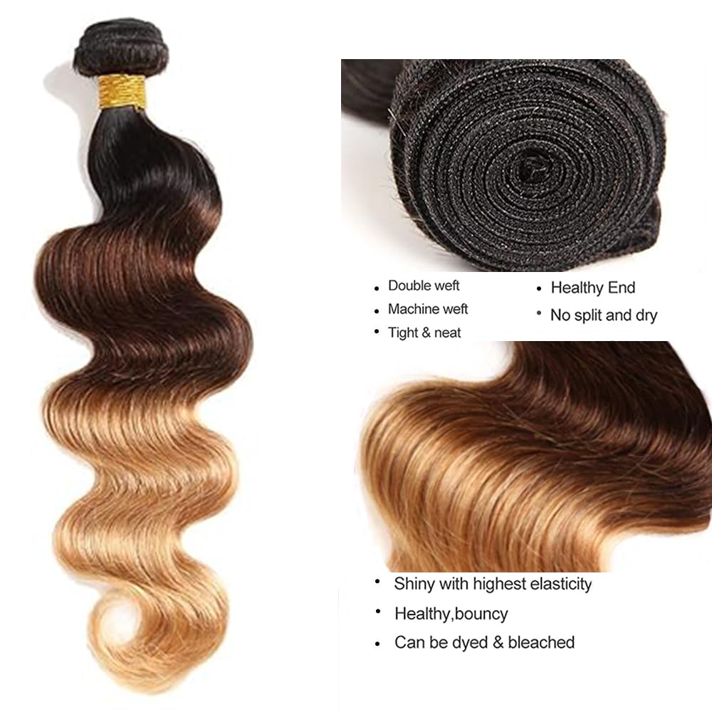 HeioWuio 22 24 26 Inch T1B/4/27 Blonde Bundles Body Wave 3 Bundles Human Hair Brazilian Remy Hair 100 Grams/Bundle Unprocessed Virgin Hairs Ombre Blonde Color Body Wave Bundle Weaves Extensions