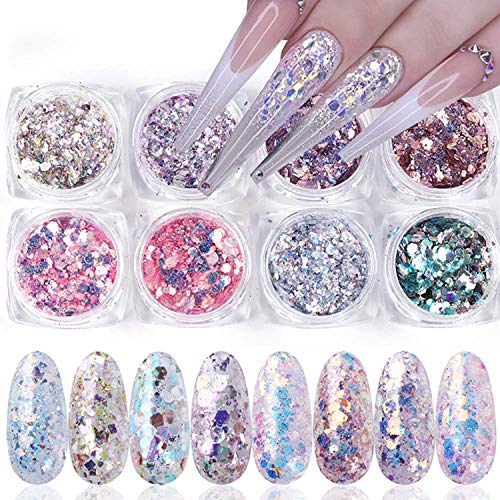 Holographic Nail Glitter Flakes Set - Mermaid & 3D Nail Art Decorations, 8 Boxes