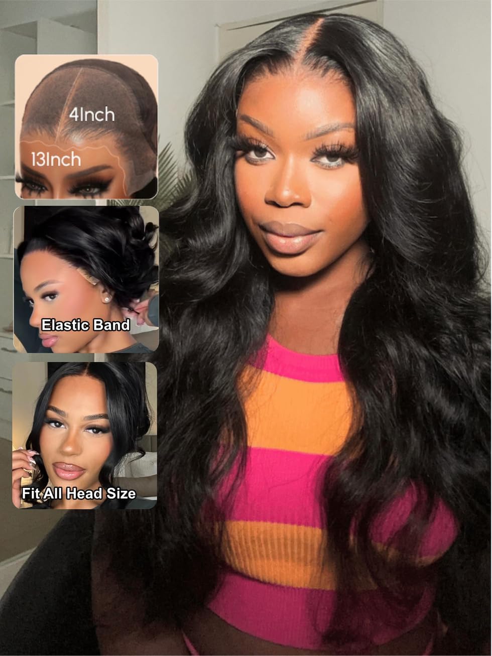 UNICE Body Wave 13x4 Lace Front Wig Human Hair Pre Everything Glueless Drawstring Wig Pre Plucked Pre Cut Bleached Knots Ready to Wear Black Frontal Wigs 150% Density 22 inch