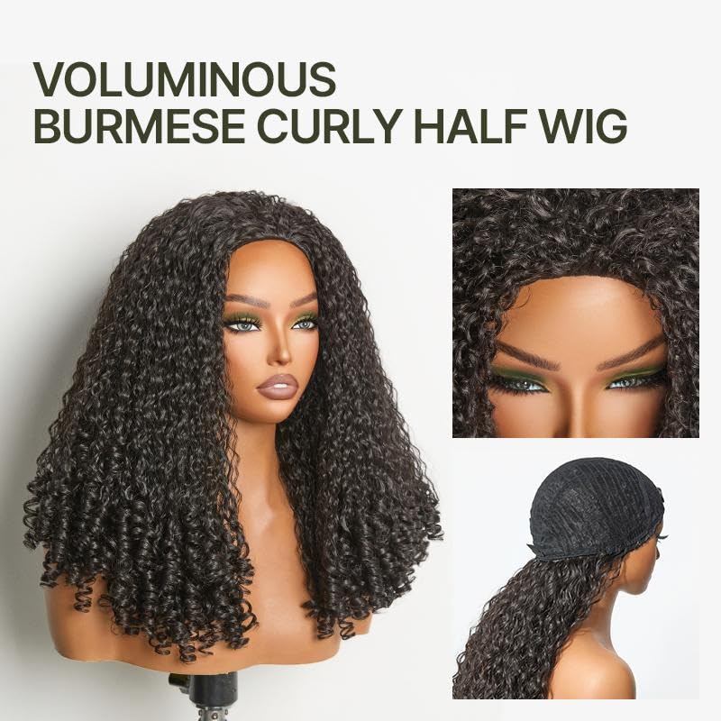 Burmese Curly Half Wig - 18" Veralux Fiber Blend Human Hair | Bouncy Shaggy Waves, 200% Density, Natural Black