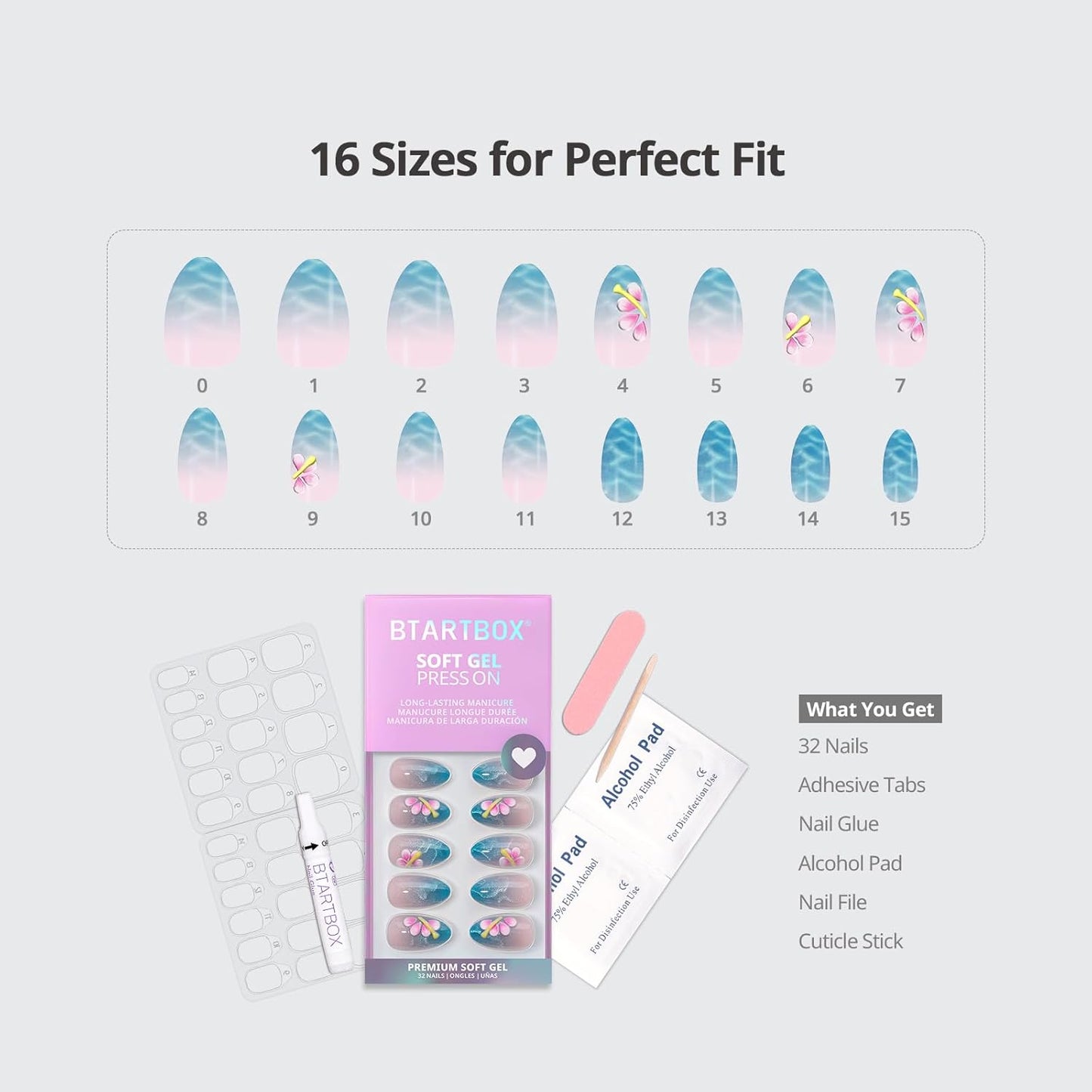 Press On Nails - Blue Holiday Cat Eye Almond with 3D Petals | Easy Application, 16 Sizes, 32 Nails Kit