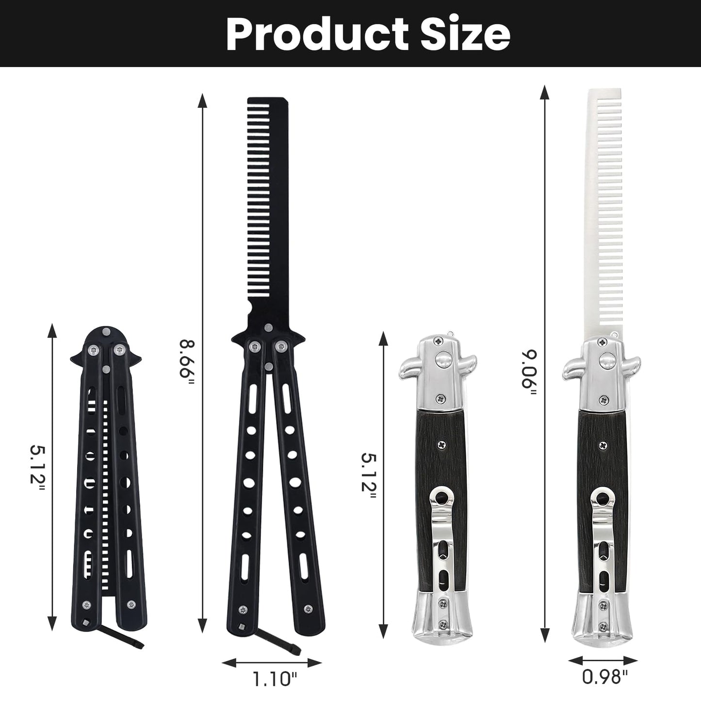 2 Pieces Black Folding Combs, Stainless Steel Automatic Butterfly Comb, Pocket Comb for Hair & Beard Styling
