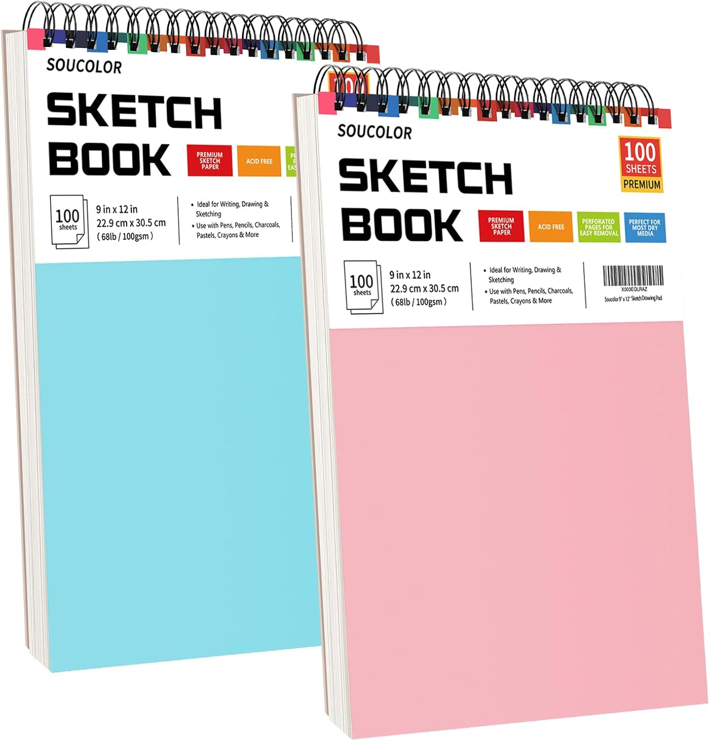 Soucolor Sketch Book - 9" x 12" Top Spiral Bound, 100 Sheets Acid-Free Drawing Paper | Ideal for Kids, Adults & Artists