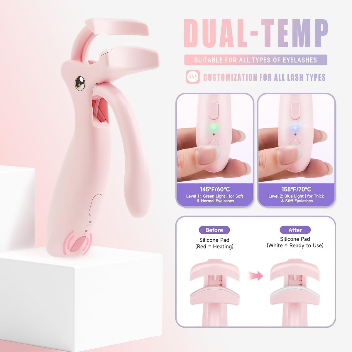 Heated Eyelash Curler for Women - Fast Heating, USB-C Rechargeable, Color-Changing Silicone Pad | 2 Temperature Settings