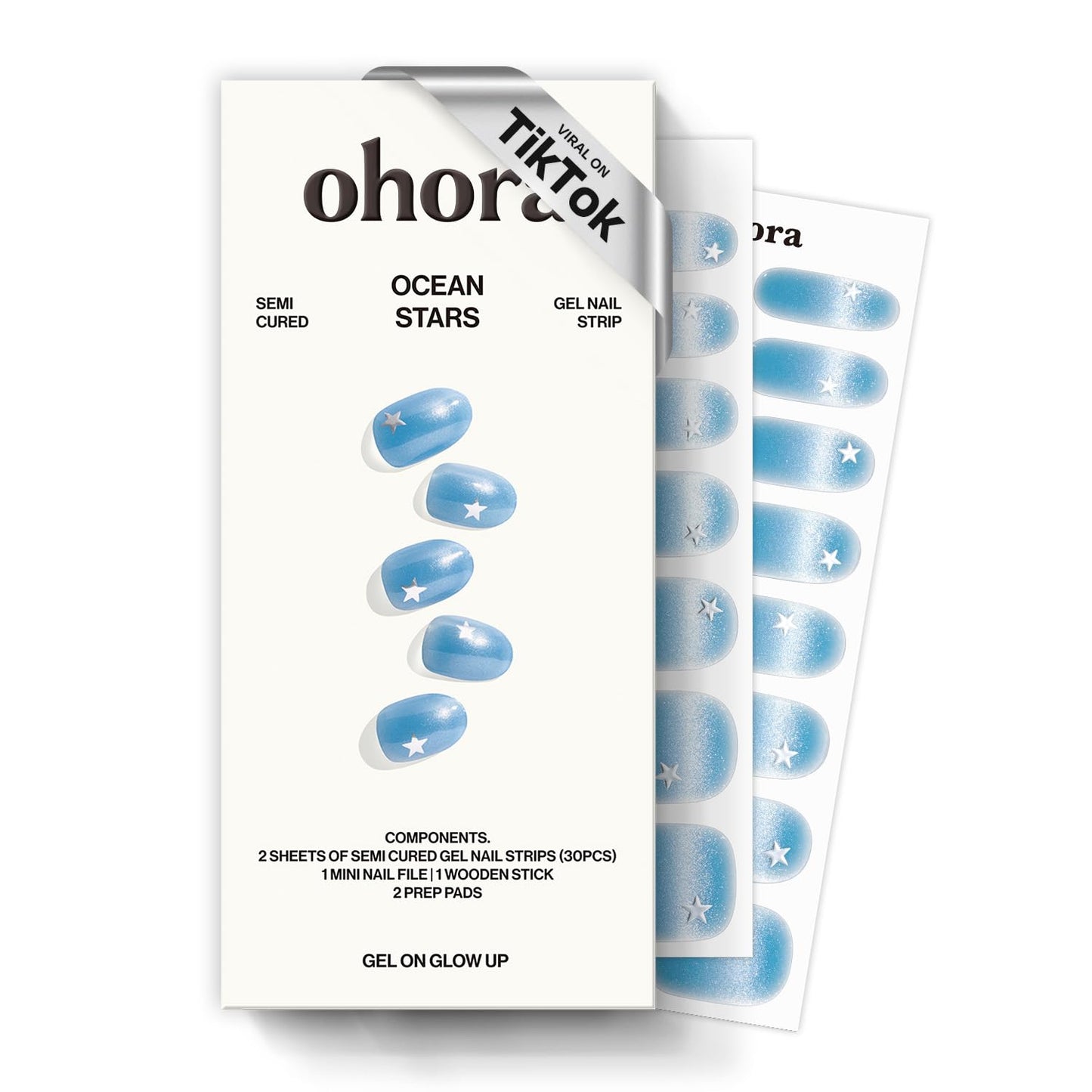 ohora Semi Cured Gel Nail Strips (N Ocean Stars) - Blue, Art, Works with Any Lamps, Salon-Quality, Long Lasting, Easy to Apply & Remove - Includes 2 Prep Pads, Nail File & Wooden Stick