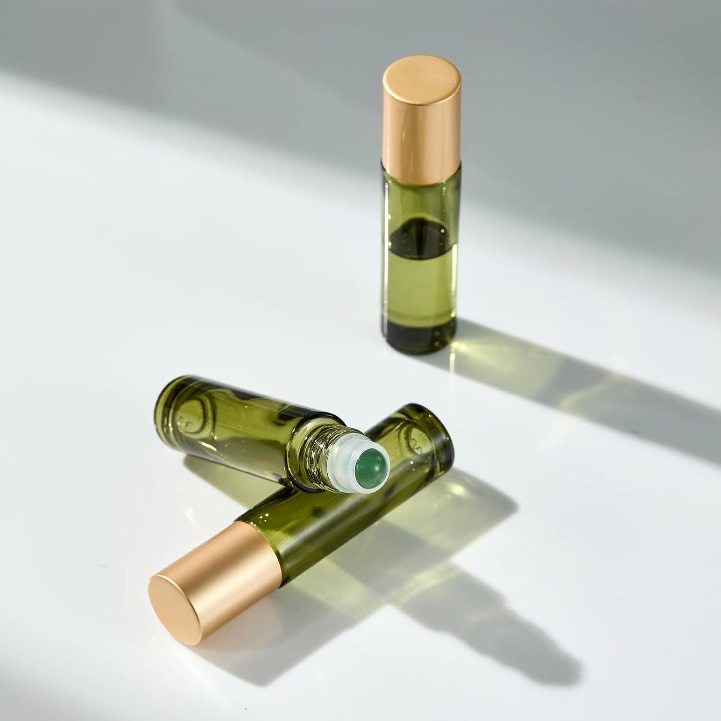 Green Aventurine Quartz Roller Bottles - 10ml Amber Glass Essential Oil Rollers | Leak-Proof Travel Size (Olive Green)