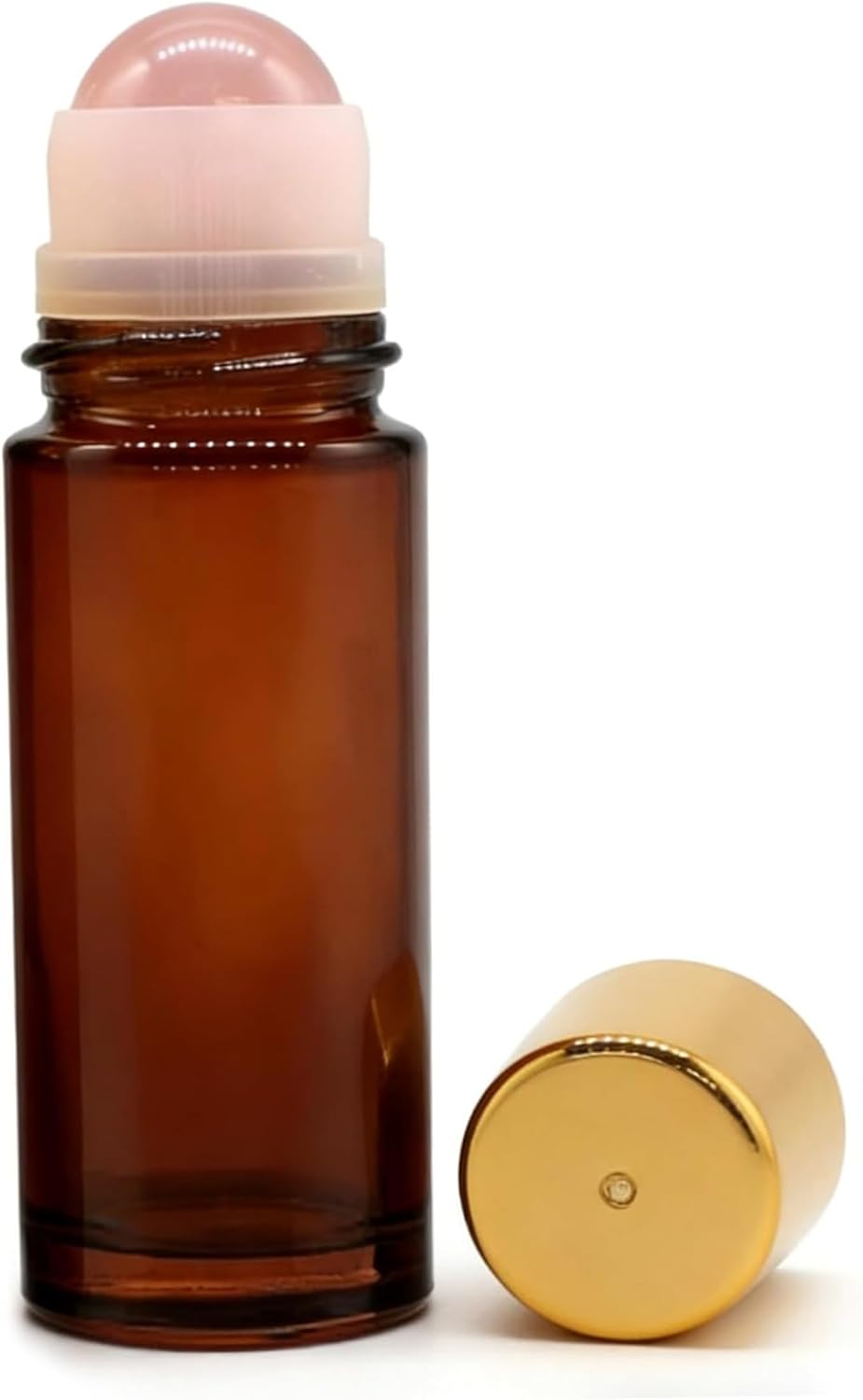 Rose Quartz Roller Bottle - 2PCS Refillable Glass Roll-On for Essential Oils | 50ml Brown Glass with Metal Cap