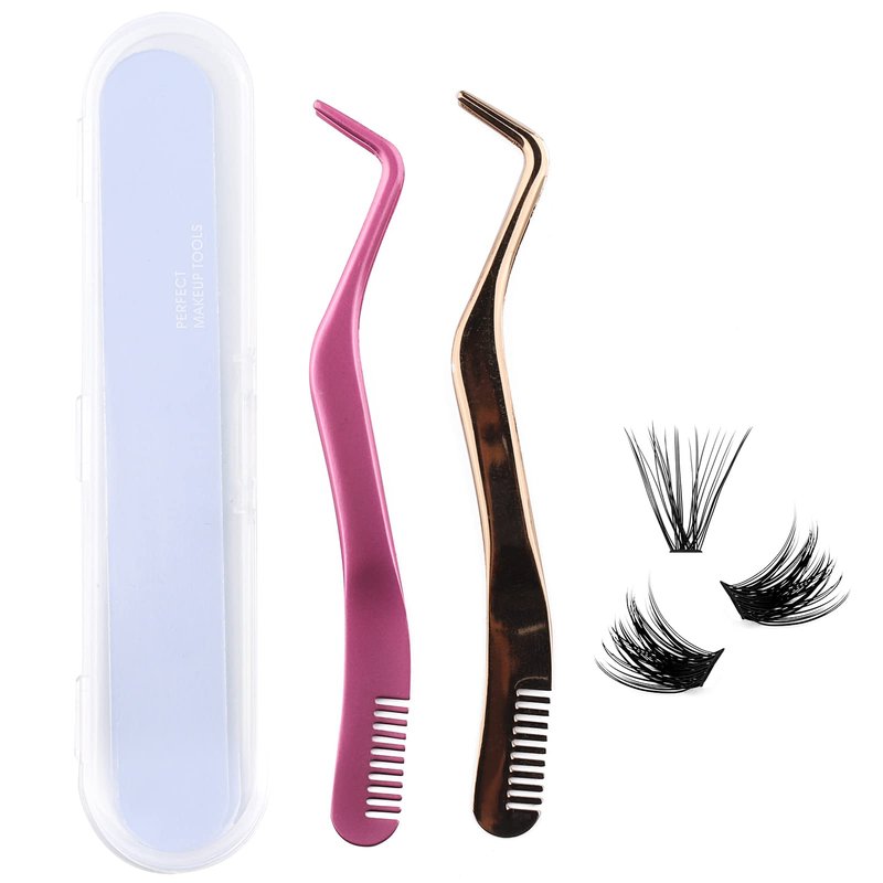 FADLASH Lash Tweezers for Individual & Cluster Lashes, 2pcs DIY Eyelash Extension Supplies, Lash Applicator Tool, Eyelash Tweezers for False Lash Extension, Pink & Rose Gold