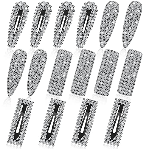 16 Pcs Rhinestone Hair Clips - Silver Snap Barrettes for Women