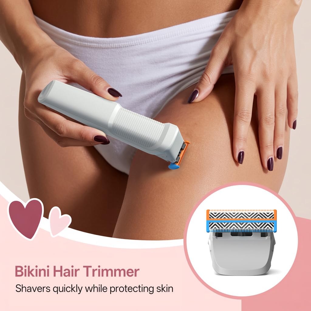 PIXRAZZ Bikini Trimmer for Women, Painless Electric Shaver & Razor for Pubic Hair, Body & Sensitive Skin, Cordless USB Rechargeable Groomer for Travel with 2 Replacement Heads & 3 Guide Combs