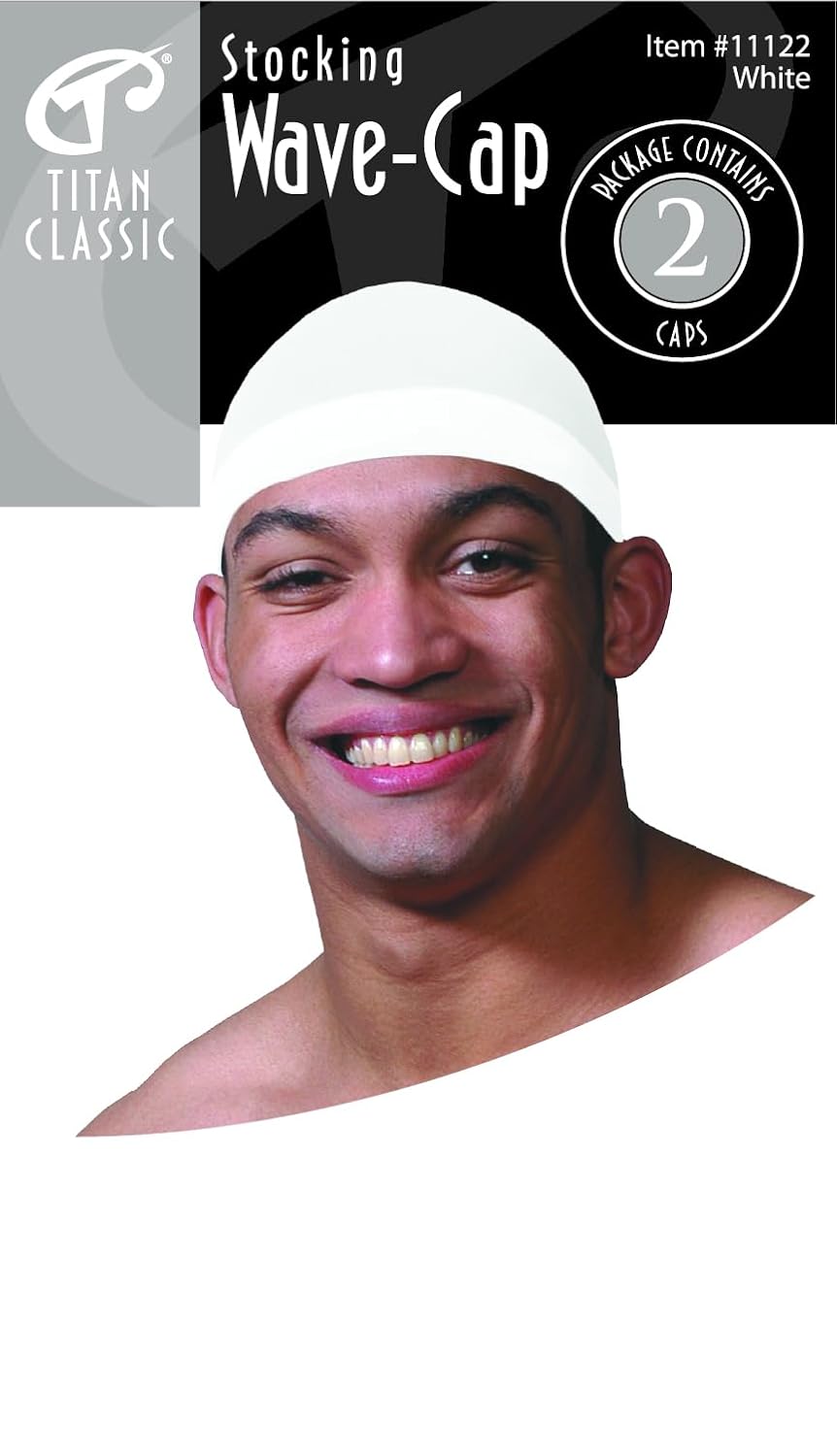 Titan Ultra-Stretch Wave Cap for Men - 2-Pack White Nylon, Breathable Comfort Fit & Secure Hold