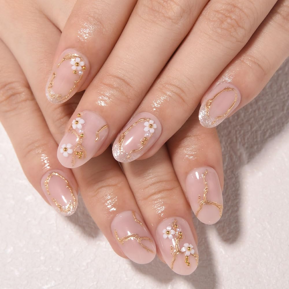 3D Gold Line French Tip Press-On Nails - Short Almond Glitter Light Nude | Handmade Acrylic Nails with 3D Pearl Designs