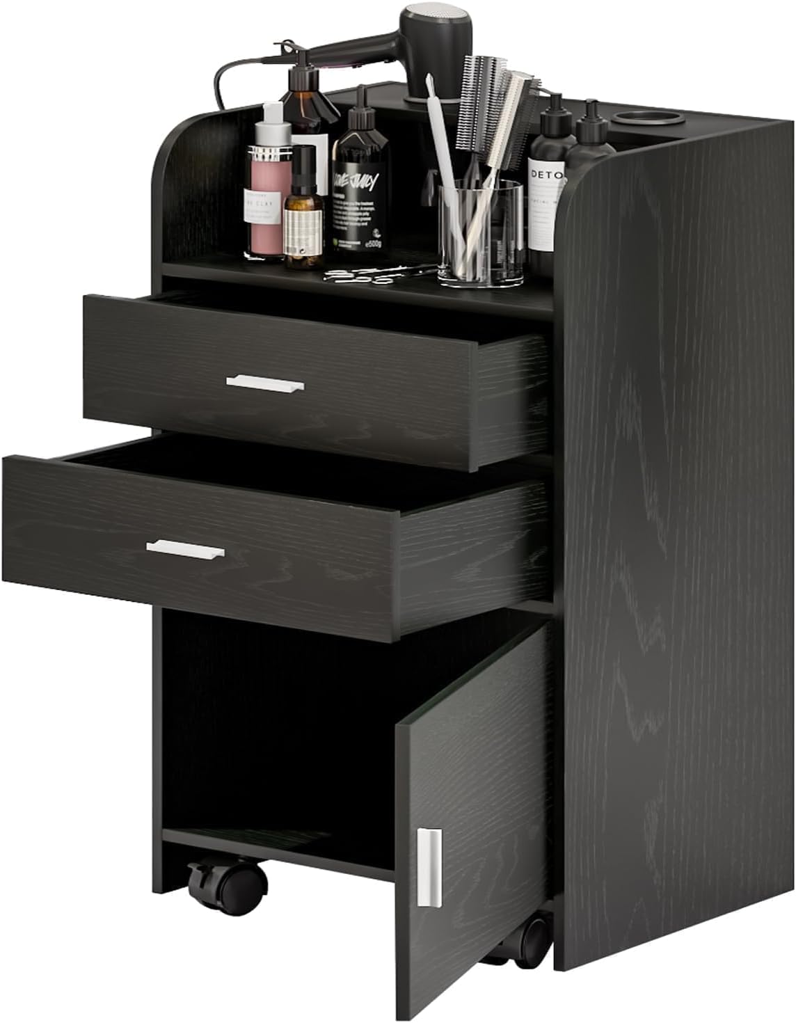 Salon Station for Hair Stylists - Mobile Organizer with Wheels | Black Beauty Barber Trolley Cart for Spa & Barbershop