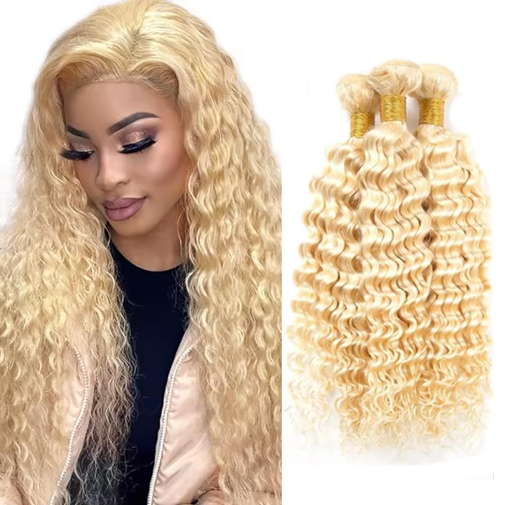 Blonde Bundles Human Hair 613 Deep Wave 3 Bundles 26 28 30 inch Unprocessed Virgin 613 Blonde Bundle Human Hair Extensions AuokMar