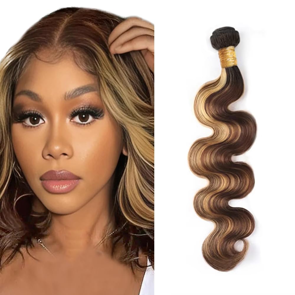 4/27 Human Hair Bundles Ombre Human Hair Bundles Highlight Brown Body Wave Bundle 4/27 Brown Body Wave Bundle LadrXadr 100g 12 Inch