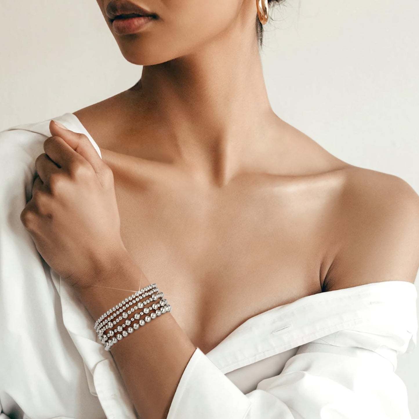 adoyi Silver Bracelets for Women, 14K Gold Plated Beaded Strand Bead Ball Bracelets stack Set Adjustable Set Trendy Non Tarnish Jewelry Sets for Gifts