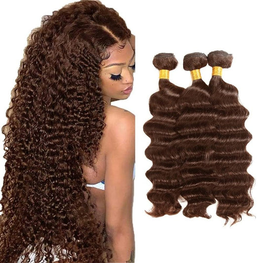 #4 Chocolate Brown Bundles Human Hair Deep Wave Bundles 30 30 30 Inch Deep Wave Bundles Unprocessed Brazilian Virgin Hair Deals Quick Weave Hair Extensions 3 Bundle 50 Gram Per Bundle