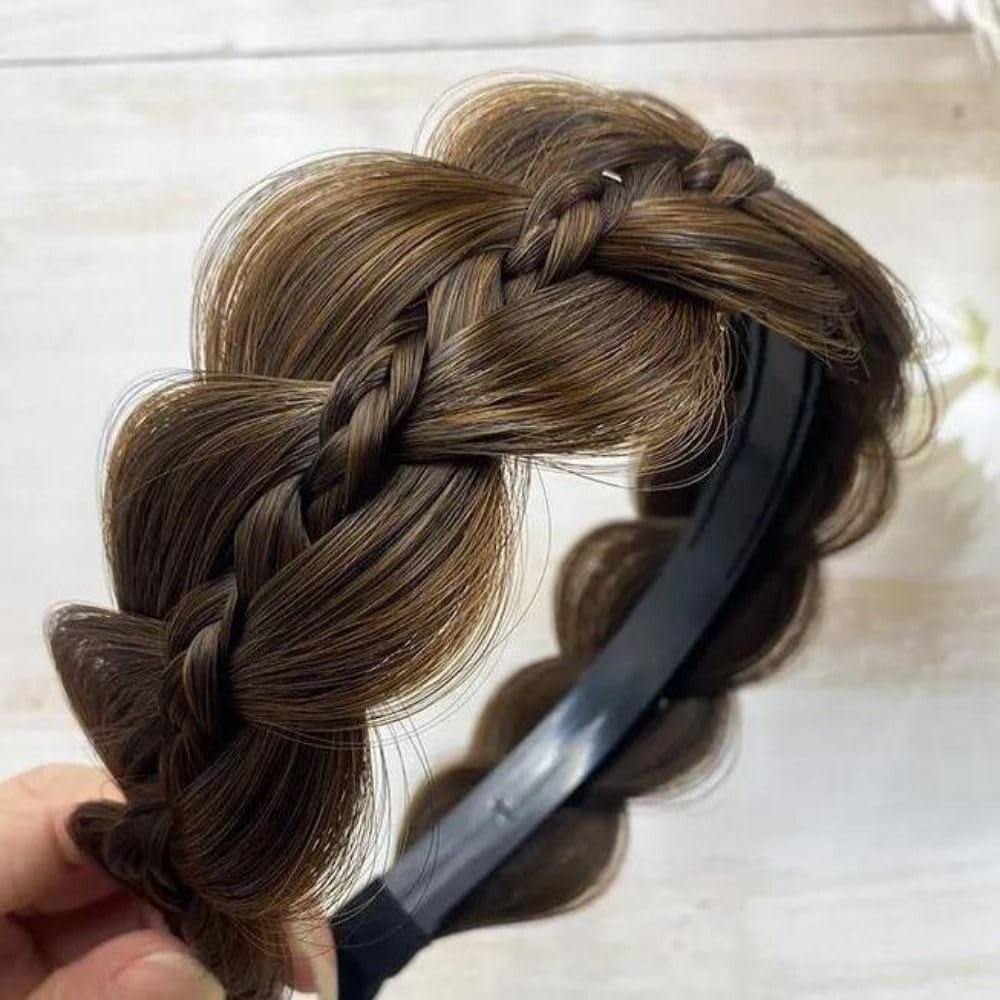 Twisted Wig Headband Trendy Headwear Hair Accessories Clips in Fishbone Braid Headband Non-slip Women(Light Brown)