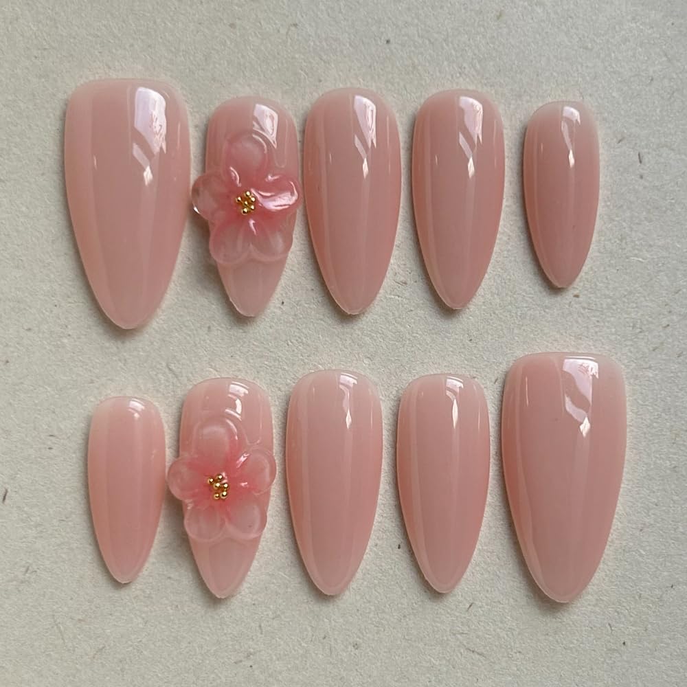 Press On Almond Nails - Handmade 3D Design, Thick Acrylic Gel | Reusable DIY Artificial Nails for Women (10 Pieces)