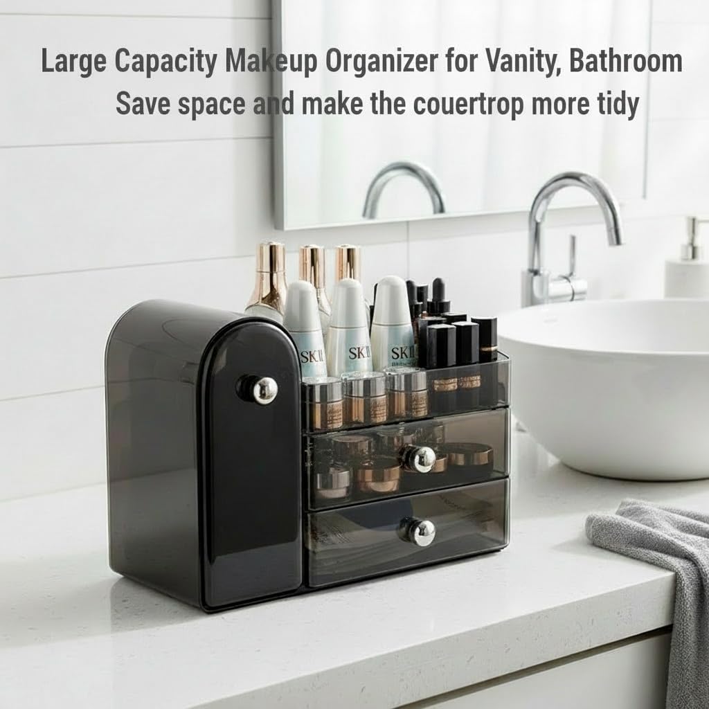 Makeup Organizer with Sliding Brush Holder - Clear Skincare Storage Case for Vanity & Bathroom (Black)