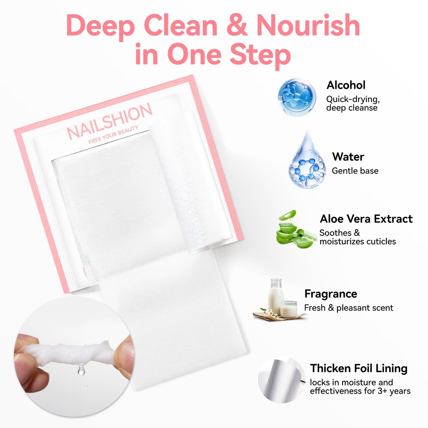 Nailshion Nail Prep Cleanser Pads, 200PCS Individually Wrapped & Lint-free