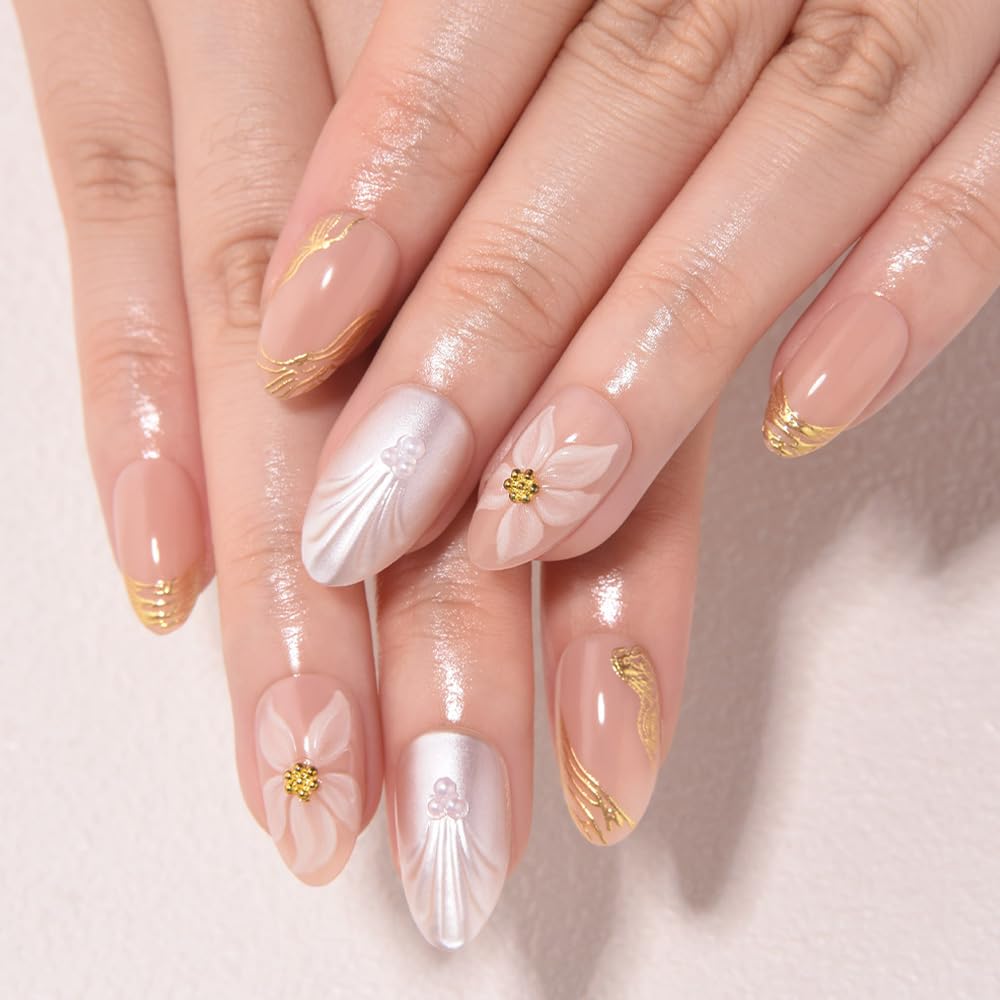Nude Cat Eye Press-On Nails - Short Almond Shape with Gold French Tips | Reusable Soft Gel Set for Women