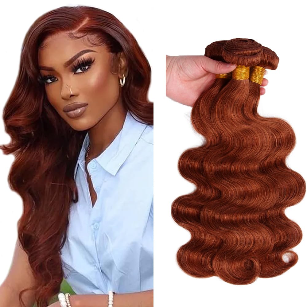 HuxoWax #33 Copper Red 34 34 34 Inch Human Hair Bundles Body Wave Reddish Brown Color Virgin Unprocessed Doubles Weft Human Hair Extensions Weave 3 Bundles Total 300g