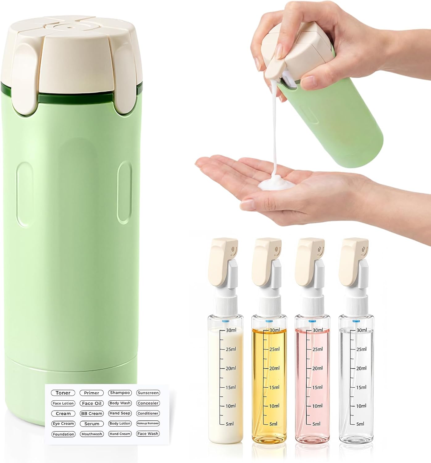 Travel Dispenser Bottle Set - 4 in 1 Leak Proof Refillable Pump Toiletry Containers | 30ML Green for Travel, Camping & Gym