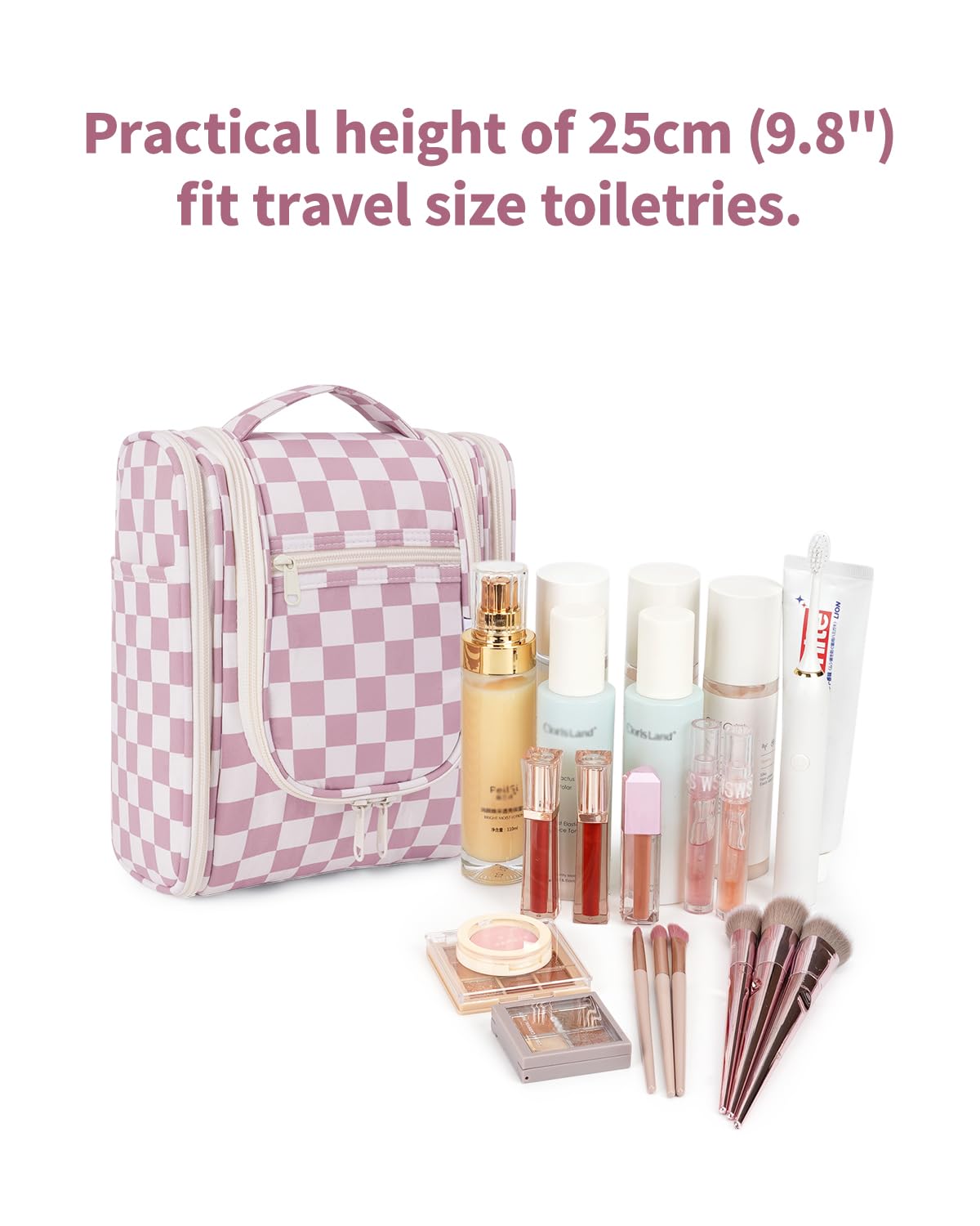 Narwey Small Checkered Hanging Travel Toiletry Bag for Women, Travel Bag for Toiletries, Makeup Bag Organizer Cosmetic Bags Make Up Bags for Women (Dusty Rose Checkerboard)