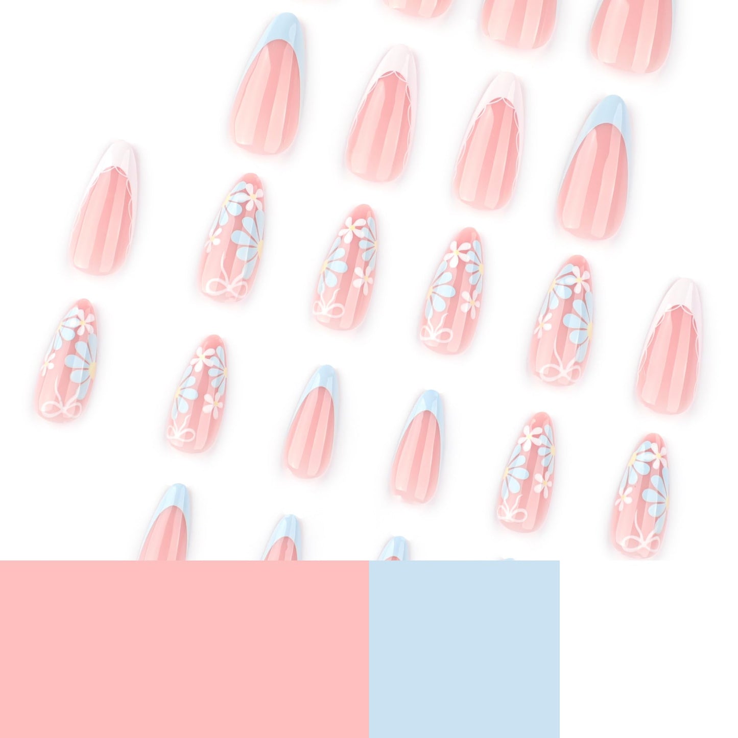 Flower Press on Nails Almond Summer Spring Nails Press on French Fake Nails with Blue Daisy Floral Designs Reusable False Nails Cute Artificial Acrylic Nail Medium Stick on Nails for Women 24Pcs