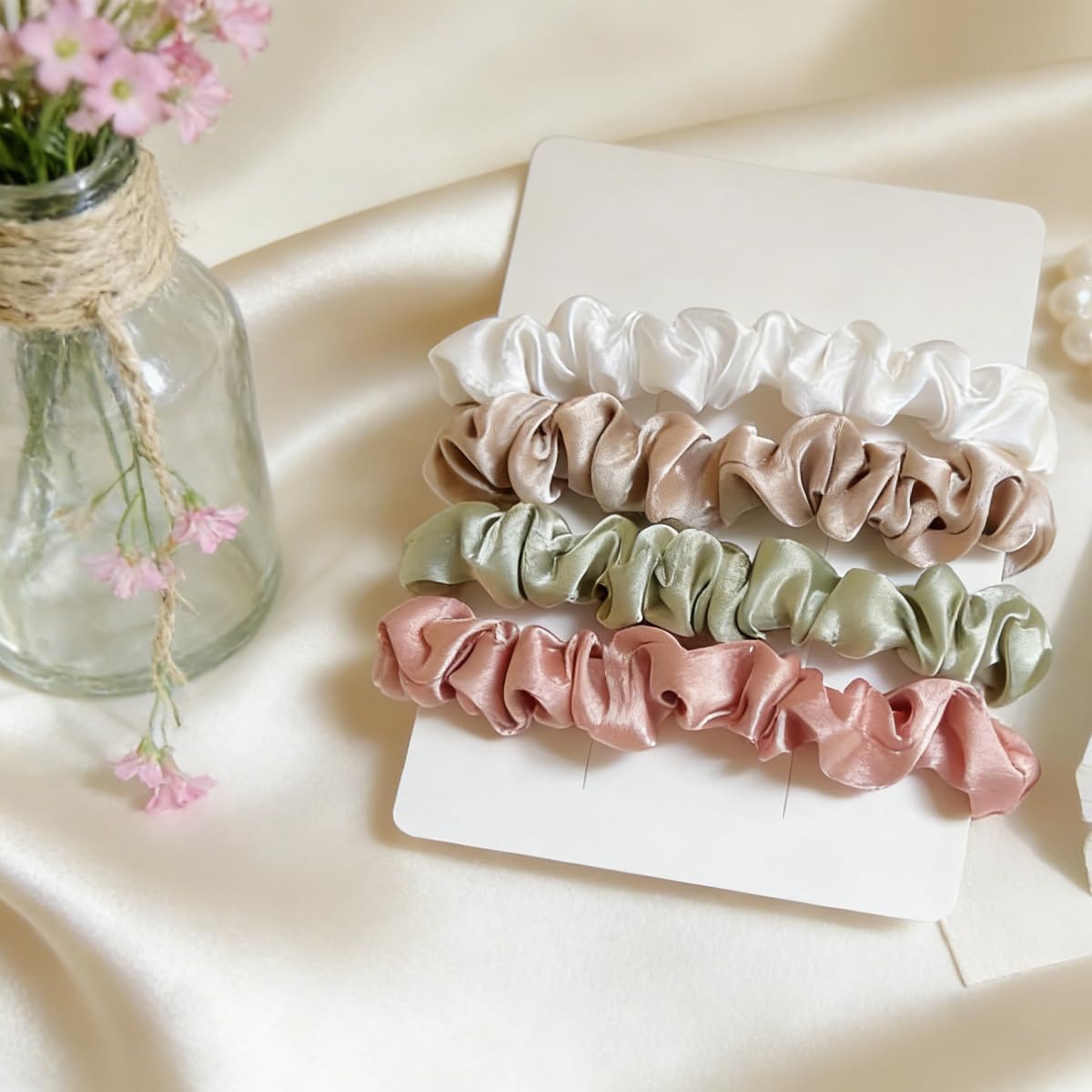 4Pcs Satin Mini Scrunchies Set Neutral Colors Hair Ties for Women，Soft Hair Ties for Everyday Wear