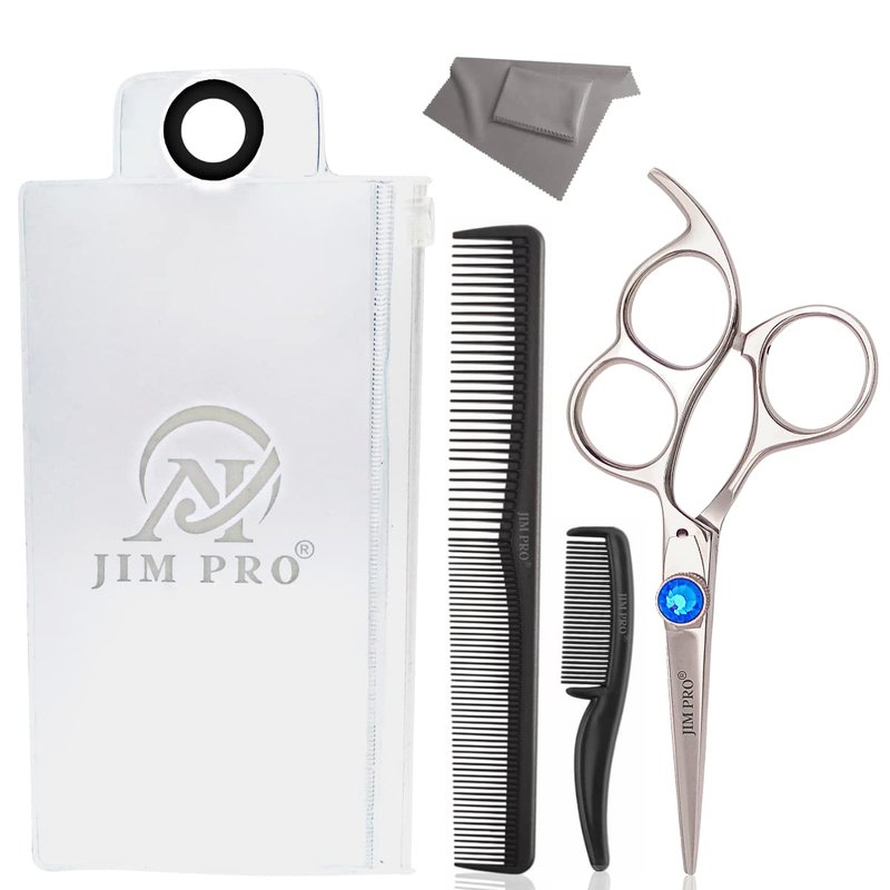 JIM PRO - 5’’ German Beard Mustache Scissor with 2 combs and Carrying pouch - Premium Hair Trimming Kit for Men's Facial Hair -Perfect Shears for Personal Grooming, Cutting & Styling (BLUE+SILVER)