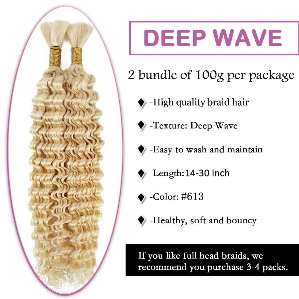 613 Boho Human Hair Braiding 613 Human Braiding Hair For Boho Braids Blonde Deep Wave Braids #613 Blonde Bulk Bohemian 150g 12 12 12 Inch