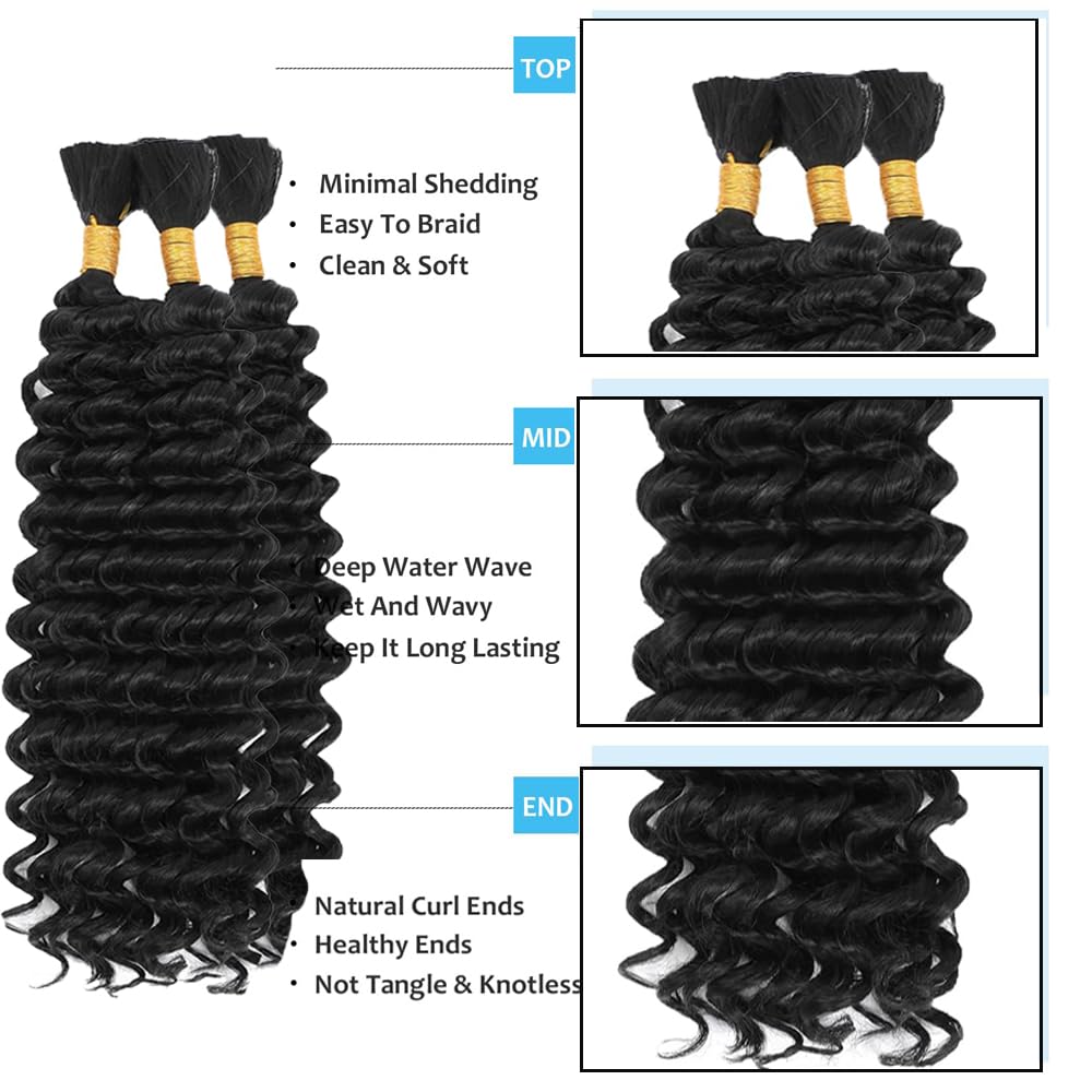 Natural Color Human Hair Braiding Hair - 16 Inch Black Deep Wave | 3 Bundles of Unprocessed Brazilian Virgin Hair