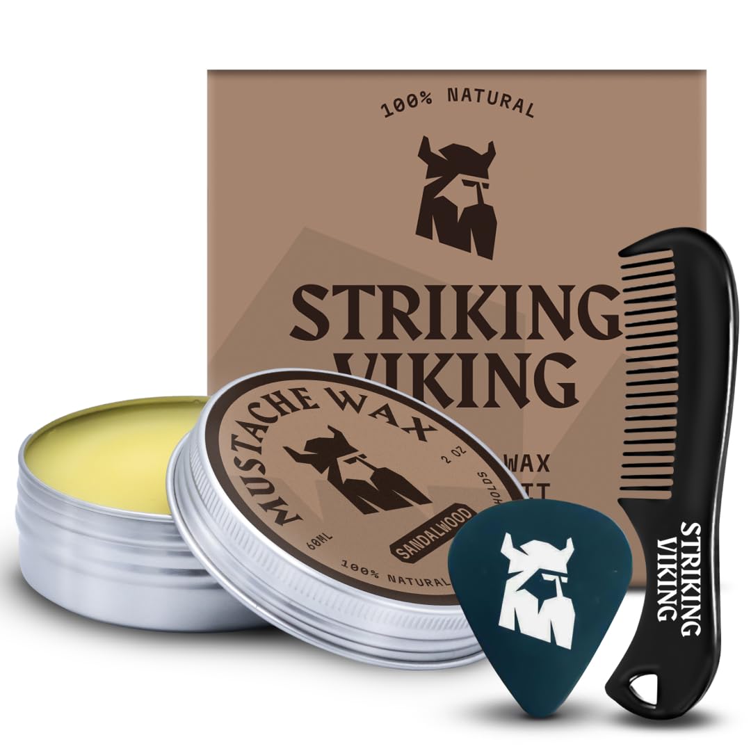 Striking Viking Mustache Wax for Men with Comb - 2 oz, Sandalwood - Strong Hold Wax with Anti-Static Mustache Comb for Precise Grooming - Non-Greasy Formula for Easy Beard Care