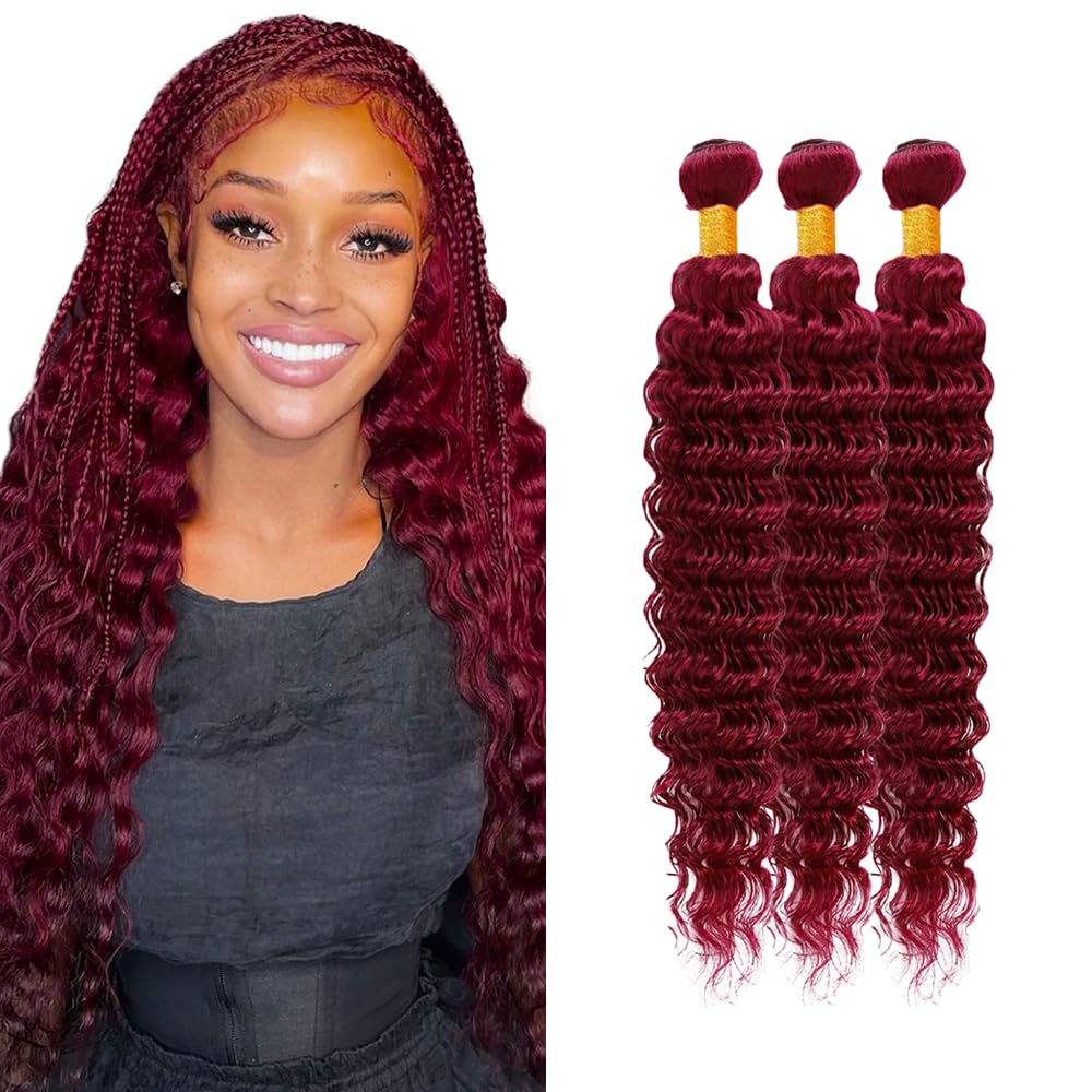 LadrXadr Burgundy Bundles 99j Deep Wave Bundles Red Human Hair Bundle 22 24 26 inch Burgundy Human Hair Bundle Red Color