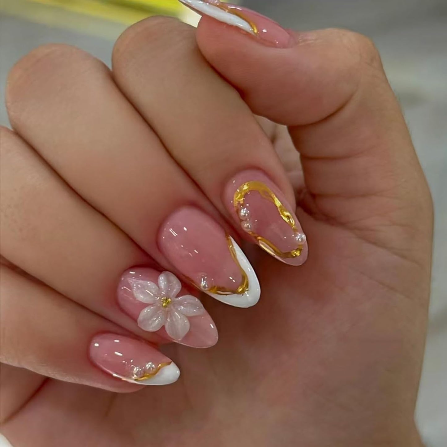 Press On Nails - French Tip Rhinestone Design | Medium Almond Glossy Full Cover - 24 Pcs for Women