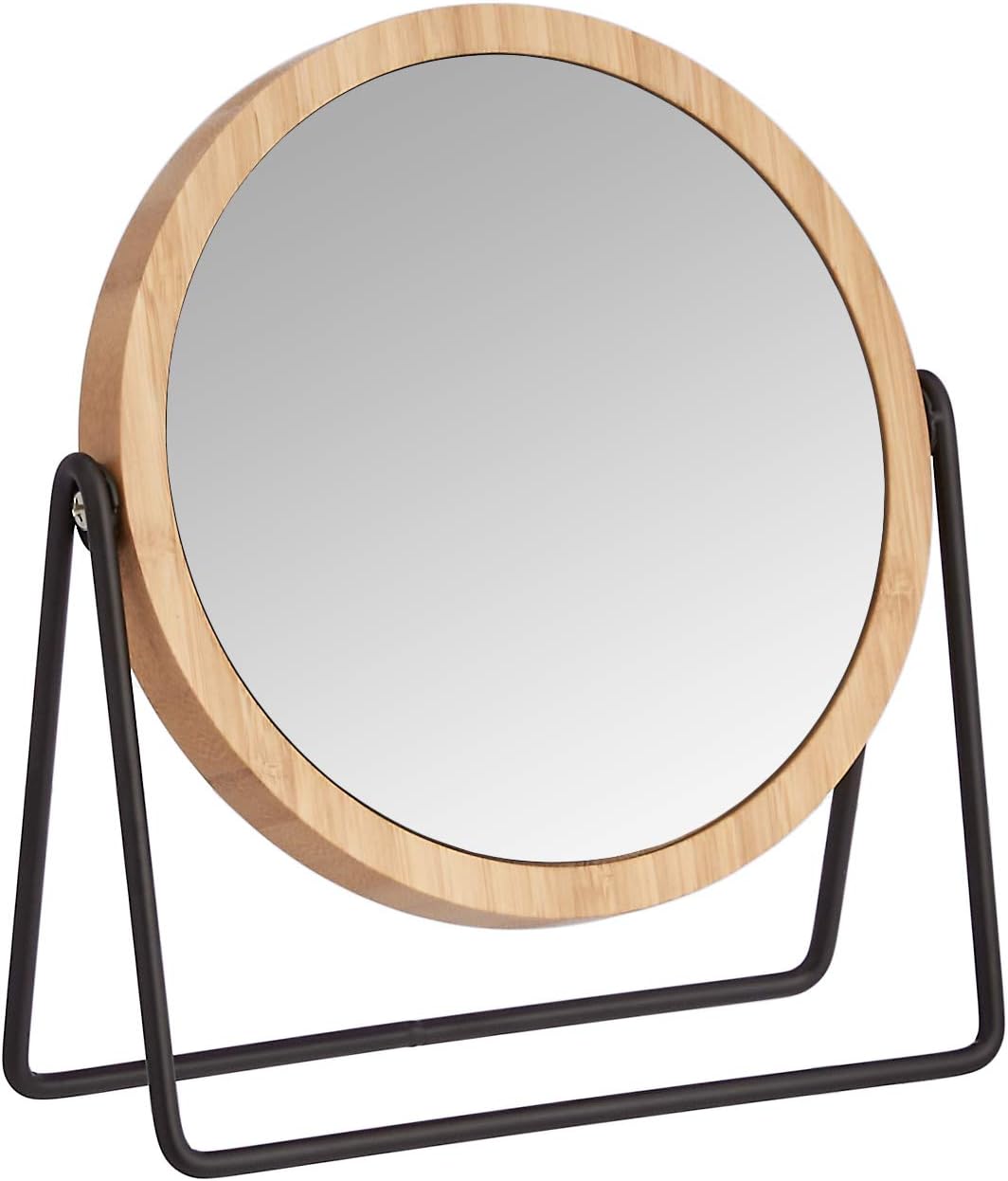 Round Tabletop Vanity Mirror - Double-Sided Magnifying, 360° Rotation | Bamboo Rim, Black, 7.2'' x 2.87''