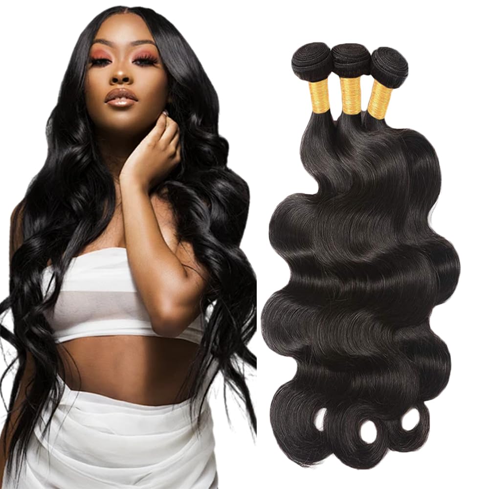 #1B Human Hair Bundles Natural Color Body Wave Bundles 16 18 20 Inch Unprocessed Brazilian Virgin Hair 3 Bundle 50 Gram Per Bundle Deals Quick Weave Hair Extensions
