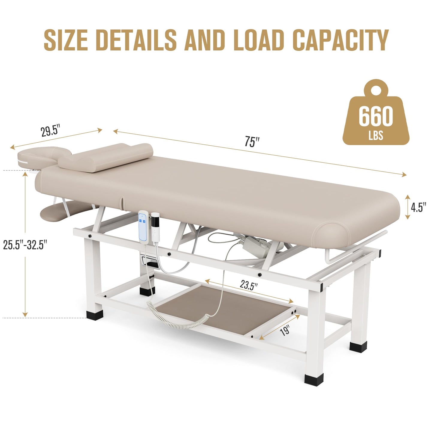 pouseayar Heavy Duty Electric Stationary Massage Table with Heating Function, Backrest Adjustable and Storage Space for Treatment/Medical Spa/Facial/Beauty/Massage Bed - 30 x 75 - Beige Gray