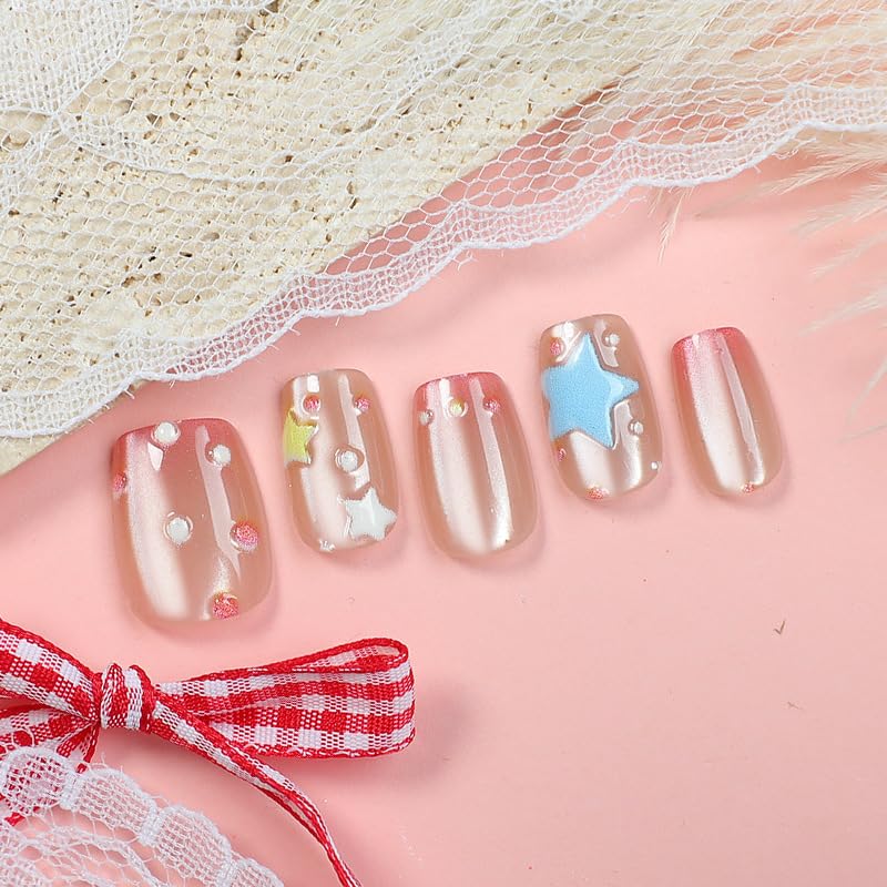 Almond Medium Press-On Nails - 30Pcs Blue Sea French Acrylic Set | 3D Cat Eye Design for Women