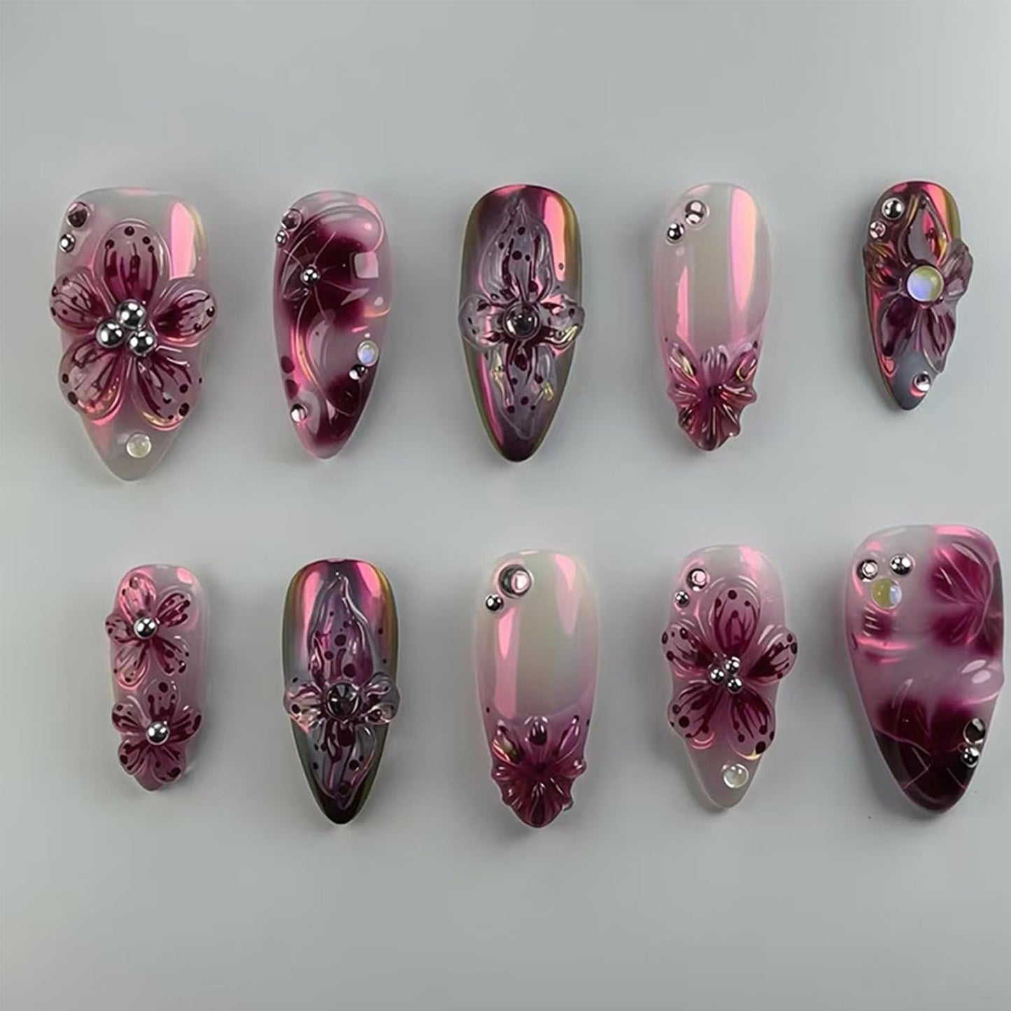 Medium Almond French Tip Press-On Nails - 3D Hibiscus & Gold Starfish Design | 24 Pcs Glossy Summer Acrylics