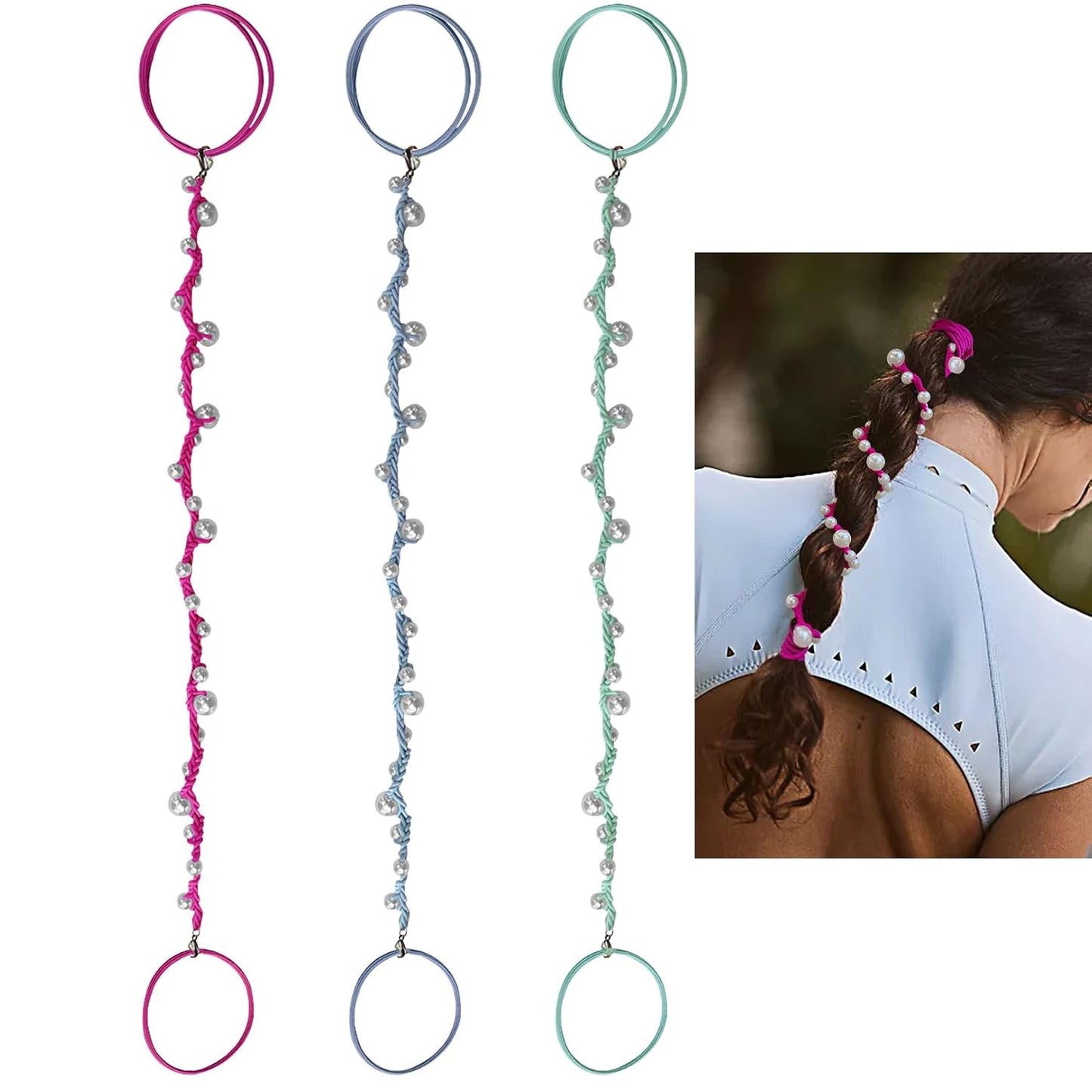Pearl Hair Ties for Women - Hand-Braided Sport Ponytail Holders | Tangle-Free 16” Wraps in Hot Pink, Blue & Green (3 Pack)