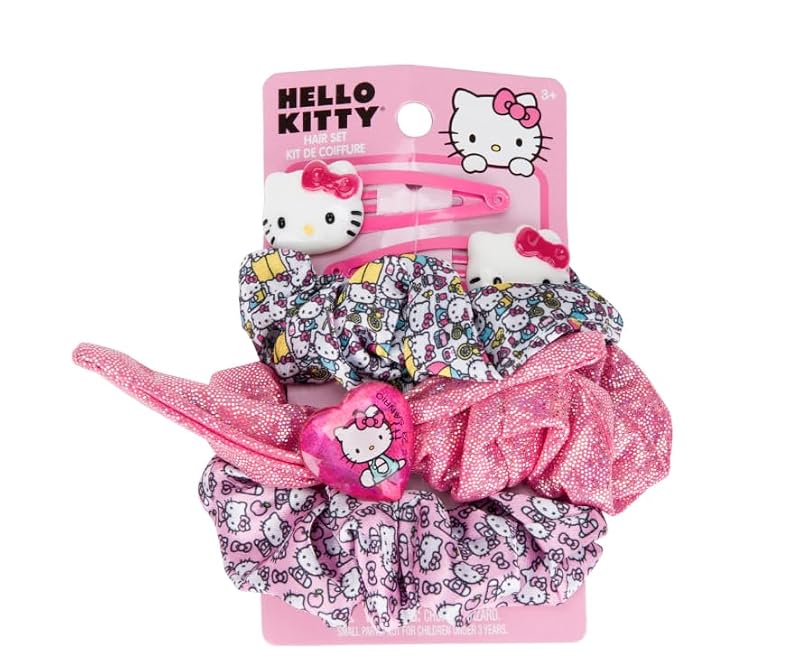 Hello Kitty 5-Piece Hair Set: 3 Scrunchies & 2 Clips