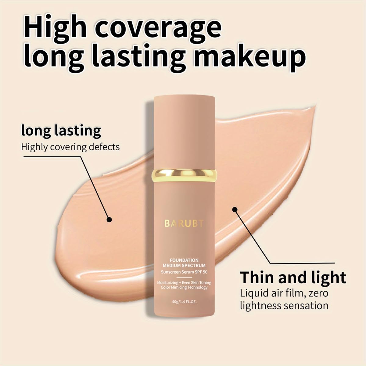 Color Changing Foundation with SPF 50 - 4 in 1 Moisturizing Makeup for Medium-Full Coverage | Lightweight Liquid, Natural Finish