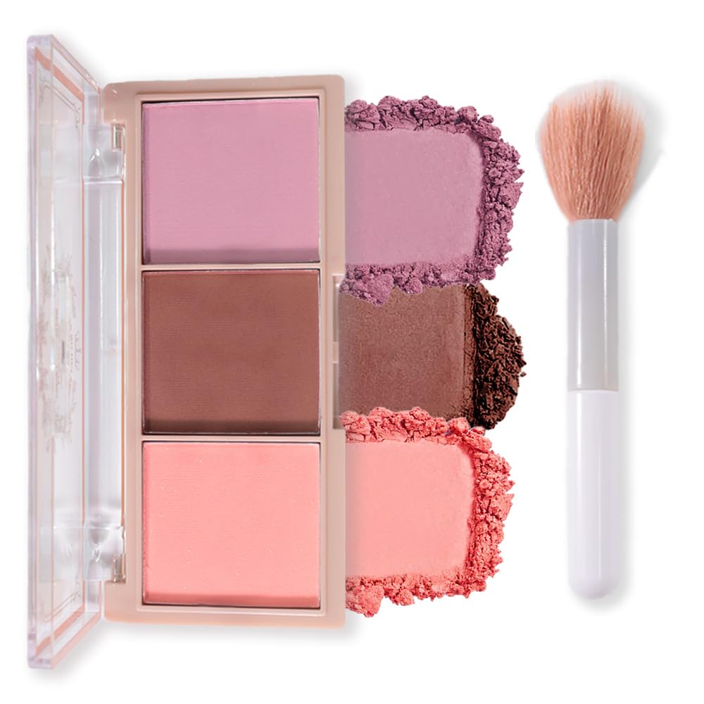 HHLTOH 3 Colors Face Matte Blush Palette Shading Blusher - Buildable Facial Cheek Blusher Contour Bronzing Pressed Powder Makeup Pallet Women Gift Set (3 Colors Blush Contour Palette with brush #02)