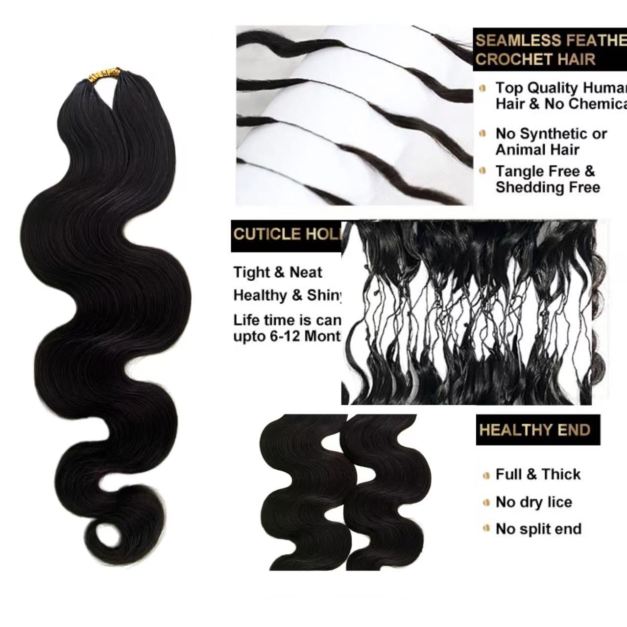 Body Wave Feather Crochet Human Hair Extensions Miracle Knots 2pack 100 Roots Knotless Pre-Separated Crochet Braid Hair Extensions Human Hair Natural Color 16inch 120g