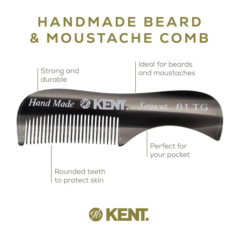 Kent 81T Black Graphite X-Small Beard and Mustache Pocket Comb, Fine Toothed Pocket Size for Facial Hair Grooming and Styling. Saw-cut of Cellulose Acetate, Hand Polished. Hand-Made in England