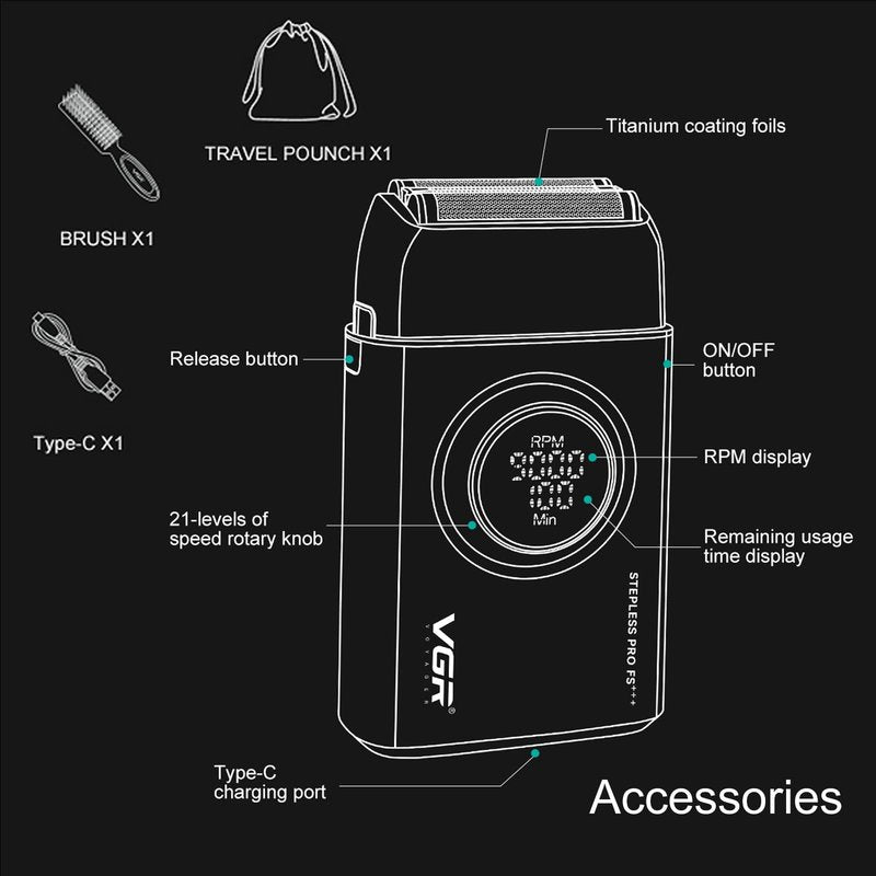 VGR 378 Electric Shavers for Men, Triple Floating Blade Foil Shaver Cordless Men's Electric Razor, 9000 RPM Motor Bald Shavers Titanium Foils with LED Display, Barber Supplies (Black)