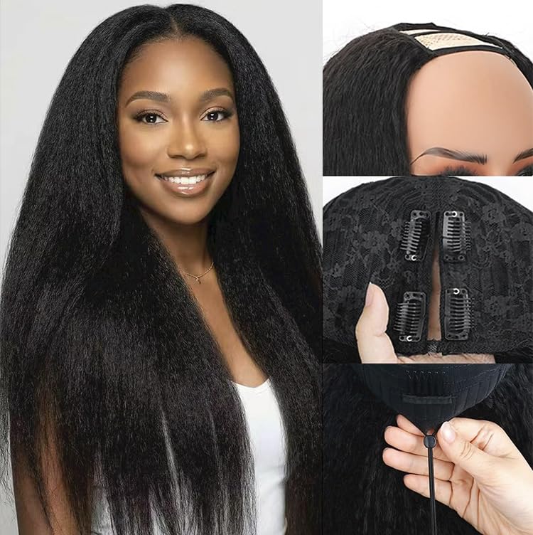 Kinky Straight U Part Wig - 20 Inch Human Hair for Black Women | Glueless, Natural Hairline, 220% Density